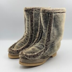 Vintage Snowland Faux Fur Winter Boots Grey Brown Apres Ski Retro Womens 5 24067